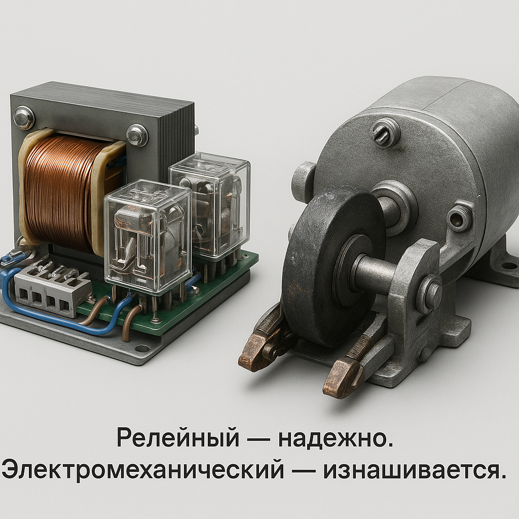 Сравнительная схема релейного и электромеханического стабилизатора напряжения с указанием ключевых компонентов и принципа действия